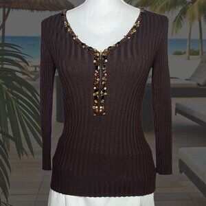 Belldini Women Medium Brown Ribbed Knit Sweater Top Gem Beaded Neckline Boho Y2K